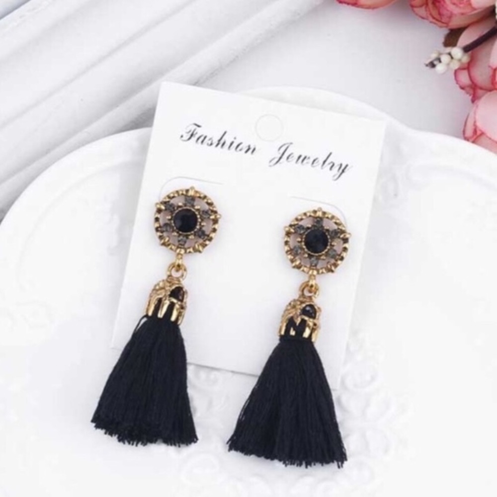 Jeweled Tasseled Earrings Black
